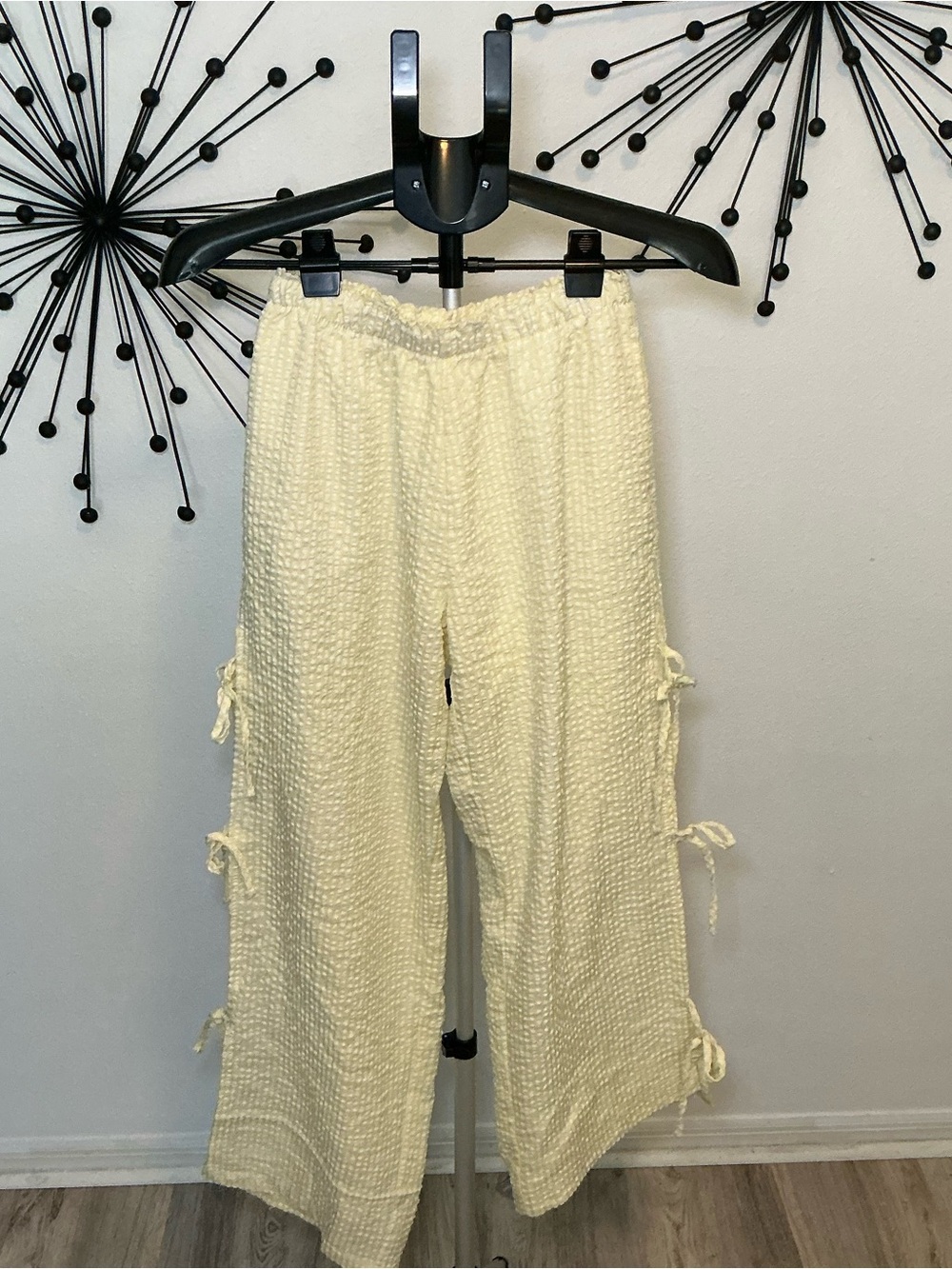 Cali 1850 Waffle Textured Side Tie Wide Leg Pants Yellow M